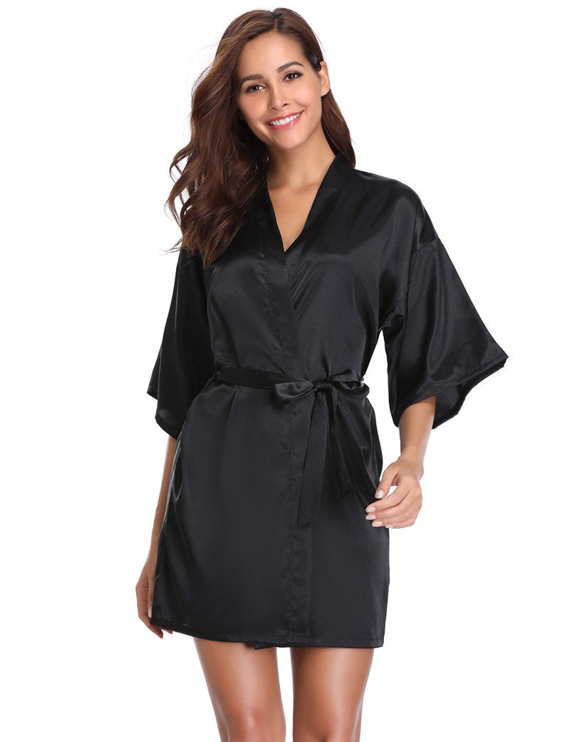 Vlazom Women's Kimono Robes Short Satin Pure Color Bridal Party Robe with Oblique V-Neck Black - Image 1